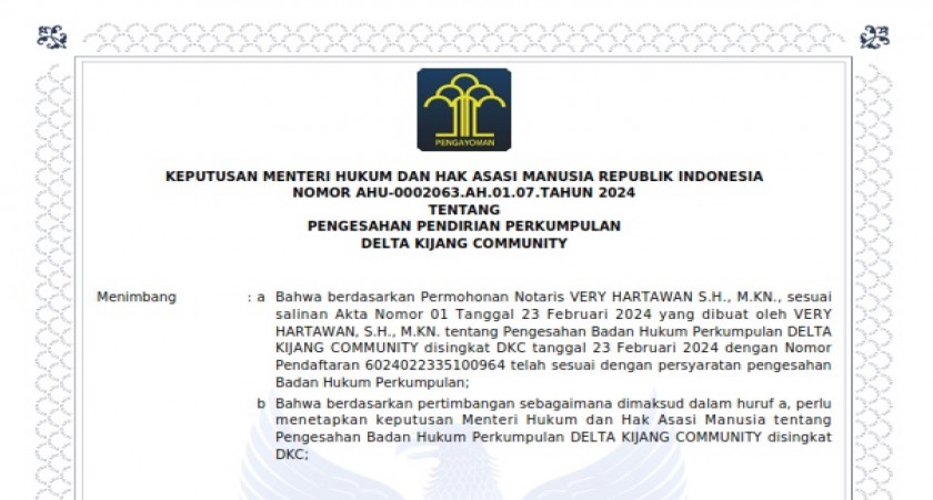 Komunitas Delta Kijang Community Kantongi Izin KemenkumHAM